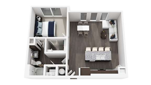 A top-down view of a small, neatly organized apartment with a bedroom, living room, and kitchen area.