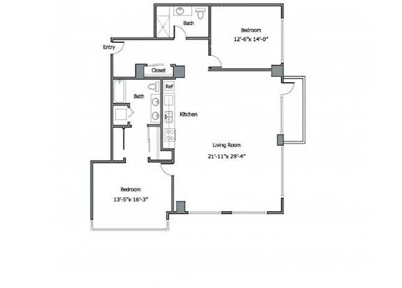 A floor plan of a house with a living room, two bedrooms, a bathroom, a kitchen, and a dining room.