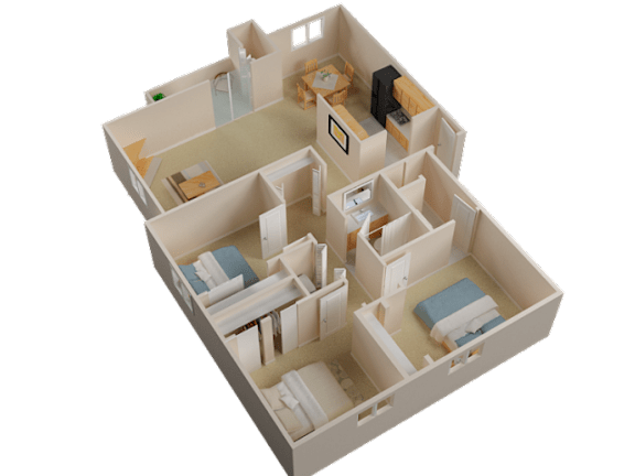 A 3D model of a house with multiple rooms and furniture.