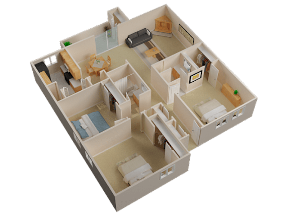 A 3D model of a house layout with a kitchen, living room, and two bedrooms.