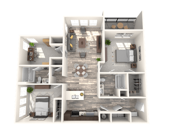 A 3D floor plan of a house with multiple rooms and furniture.