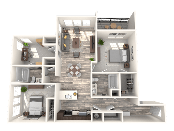 A 3D rendered image of a modern house layout.