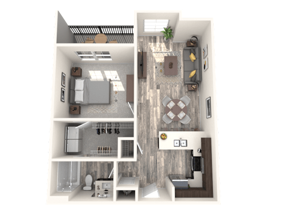 A 3D floor plan of a house showing a kitchen, living room, dining area, and bedrooms.