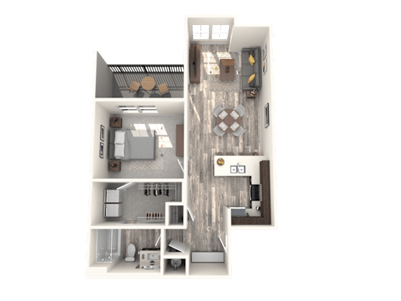 A 3D floor plan of a house with a kitchen, living room, and two bedrooms.