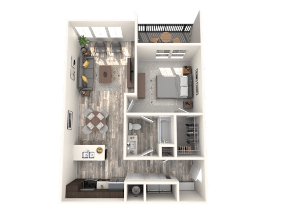 A 3D floor plan of a small apartment with a kitchen, living room, and bathroom.