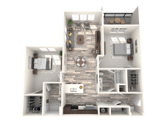 A 3D floor plan of a house with a kitchen, living room, dining room, and bedrooms.