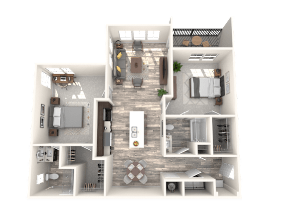 A 3D rendered image of a house layout.