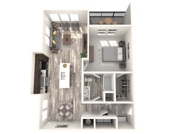 A 3D floor plan of a house with a kitchen, living room, and bathroom.