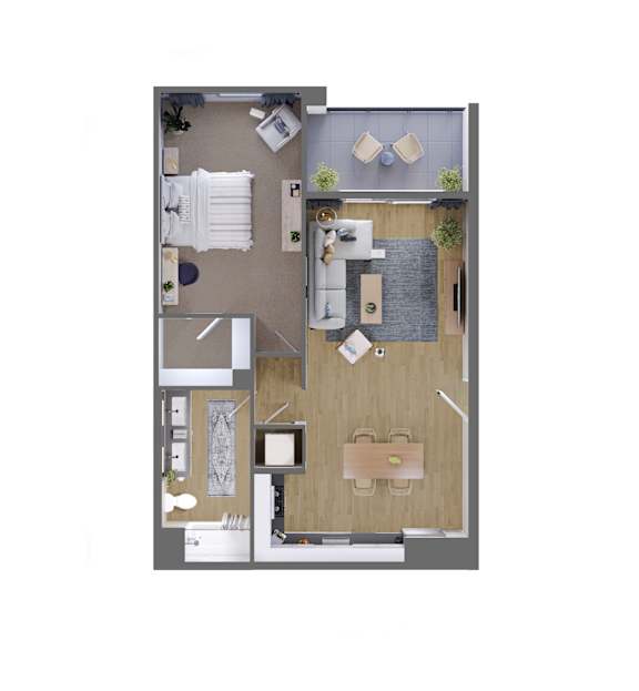 A floor plan of a small apartment with a kitchen, living room, and bathroom.
