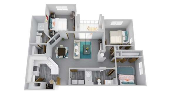 A 3D floor plan of a house with a kitchen, living room, and bedrooms.