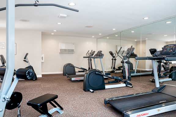 A gym with a variety of equipment including treadmills, weights, and exercise machines.