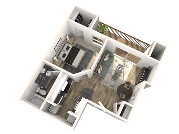 A 3D floor plan of a house showing a kitchen, living room, dining room, and two bedrooms.