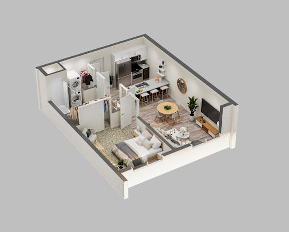 A 3D rendered image of a modern apartment layout.