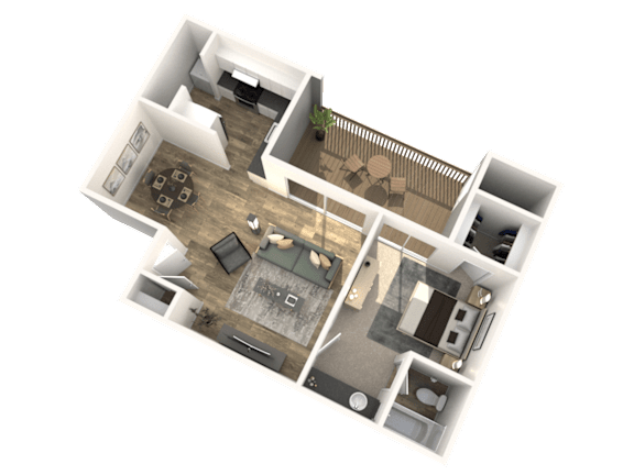 Floor Plan  A 3D floor plan of a house with a living room, kitchen, dining room, and bedroom.