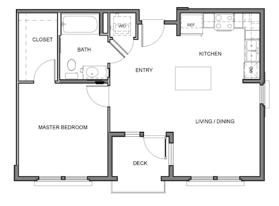 A floor plan of a house with a master bedroom, bathroom, kitchen, living/dining area, and deck.