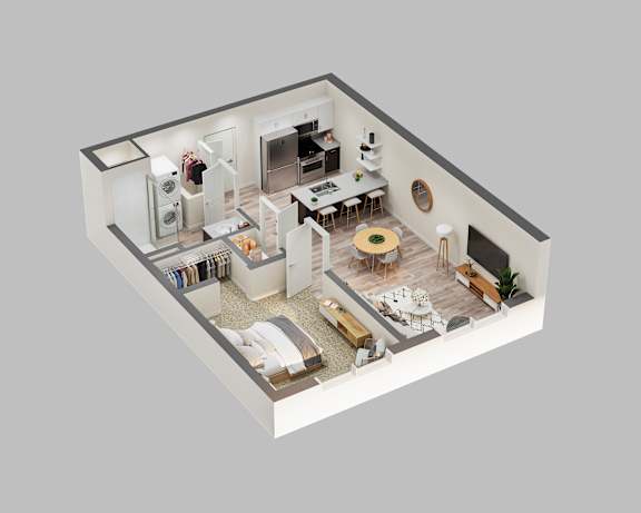 A 3D rendered image of a modern apartment layout.