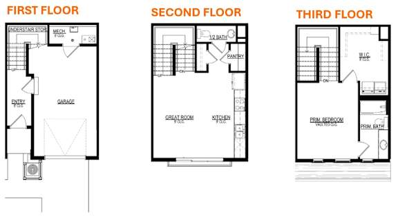 A set of three black and white images showing the layout of the first, second and third floors of a house.