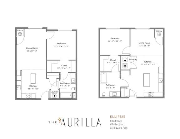 A floor plan for a 741 square foot home with two bedrooms and two bathrooms.