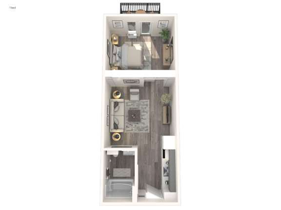 A 1 bedroom apartment layout with a kitchen and living room.