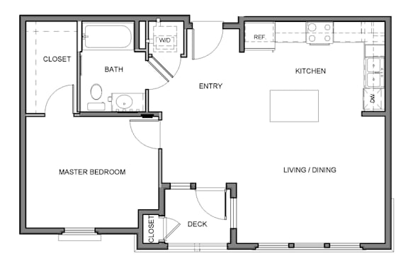 A floor plan of a house with a master bedroom, bathroom, kitchen, living/dining area, and a deck.
