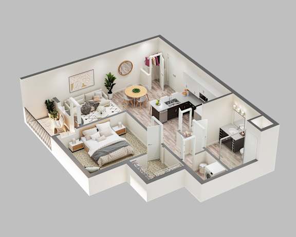 A 3D floor plan of a modern apartment with two bedrooms, a living room, a kitchen, and a bathroom.