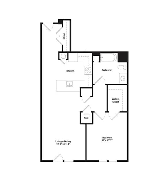 A floor plan of a small apartment with a living and dining area, kitchen, bathroom, and walk-in closet.