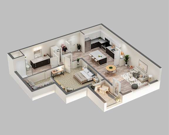 A 3D rendered image of a modern apartment layout.