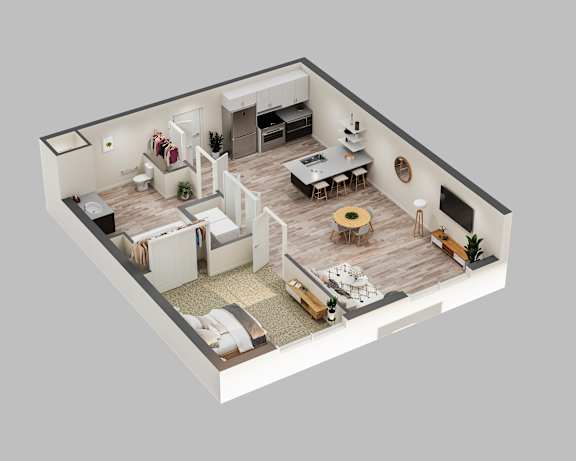 A 3D rendered image of a modern apartment layout.