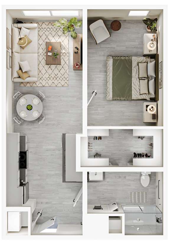Floor Plan  a 3d rendering of a 1 bedroom floor plan and a bathroom