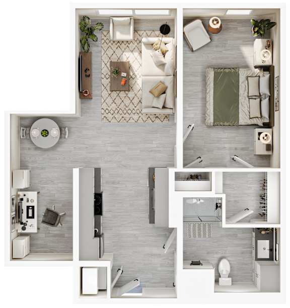 a 3d drawing of a bedroom with a bathroom and a living room