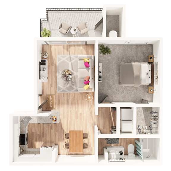 A floor plan of a house with a kitchen, living room, and bathroom.