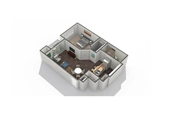 A 3D rendered image of a house layout.