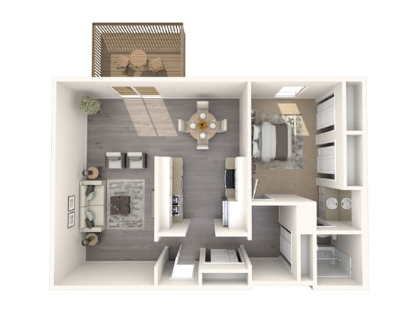 A 3D floor plan of a small apartment with a kitchen, living room, and bathroom.