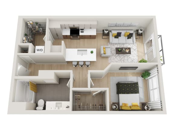 Floor Plan  1x1C MFTE floor plan of a one bedroom apartment with one bathroom and a balcony at Ion Town Center, Shoreline