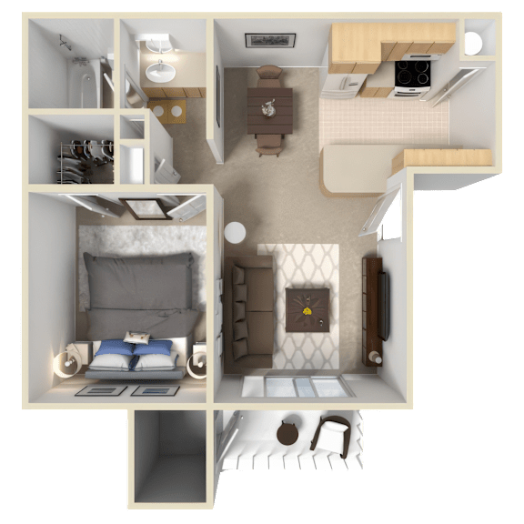 A 3D floor plan of a small apartment with two bedrooms, a living room, and a kitchen.