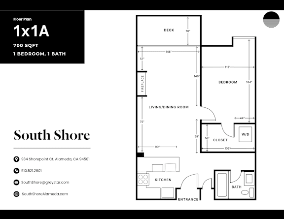 A floor plan for a 1x1A property with a living room, dining room, kitchen, bath, and bedroom.