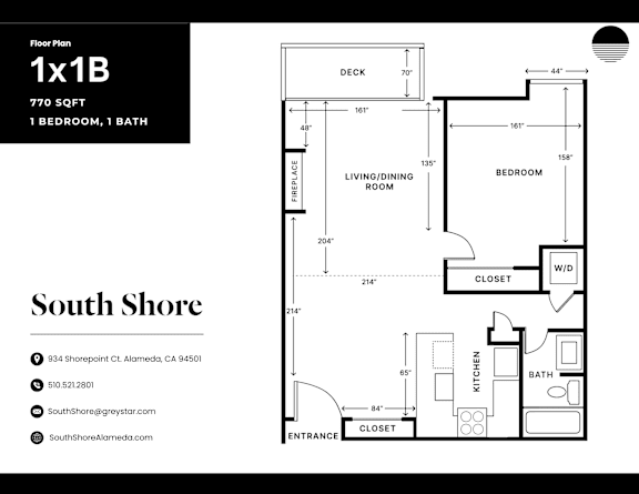 A floor plan with a deck, bath, and living/dining room.