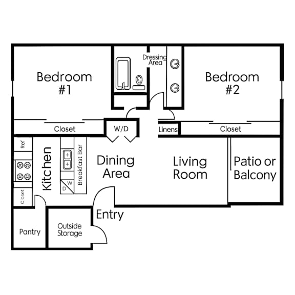 A black and white drawing of a house layout with two bedrooms, a living room, a dining area, a kitchen, a pantry, an outside storage, a patio or balcony, and a breakfast bar.
