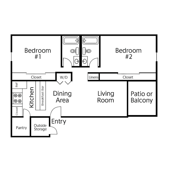 A floor plan of a home with two bedrooms, a dining area, a kitchen, a living room, a pantry, and an entry.