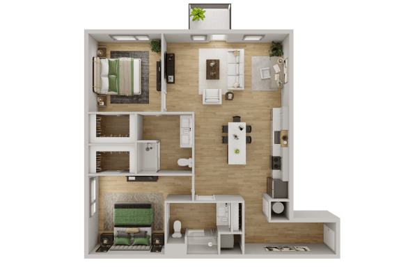 a 3d rendering of a bedroom and living room with a wood floor