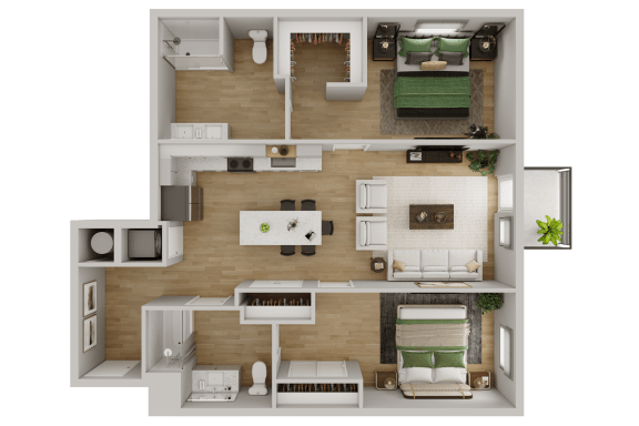 a 3d rendering of a bedroom and living room floor plan