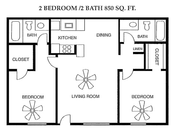 A floor plan of a 2 bedroom, 1/2 bath 850 square feet home.