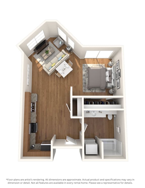 A floor plan of a small apartment with a kitchen, living room, and bedroom.