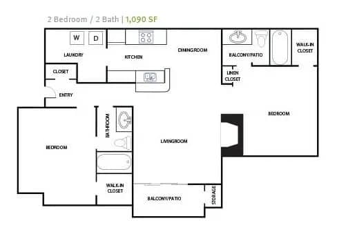 A floor plan of a 2 bedroom apartment with 2 bathrooms.