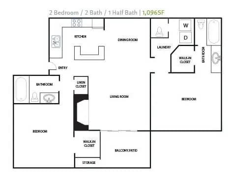 A floor plan of a 2 bedroom apartment with 2 bathrooms and a half bath.