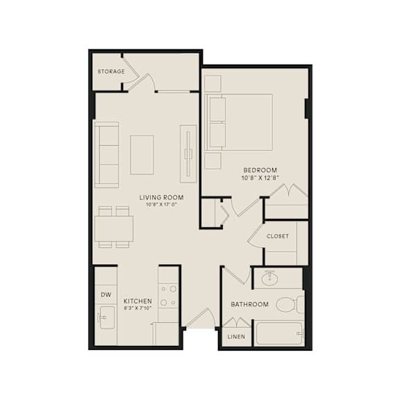 A floor plan of a small apartment with a living room, kitchen, bathroom, and bedroom.