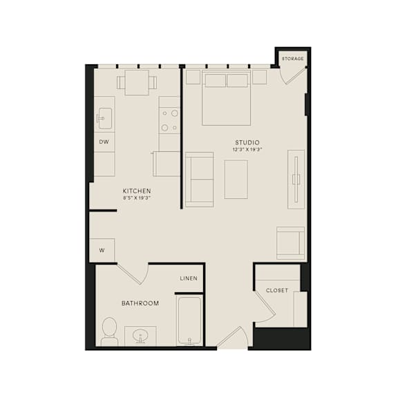 A floor plan of a house with a kitchen, bathroom, and closet.
