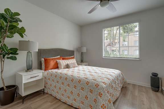 A bedroom with a bed, nightstand, and a plant.