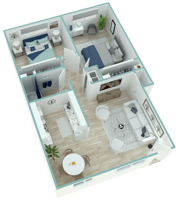 A 3D floor plan of a house showing a kitchen, living room, dining area, and two bedrooms.