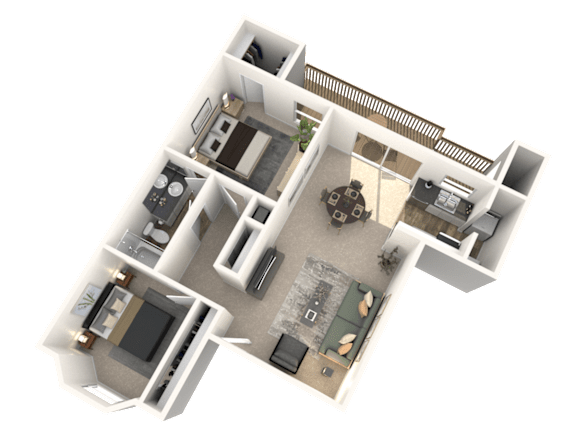 Floor Plan  A 3D floor plan of a house with a kitchen, living room, and two bedrooms.